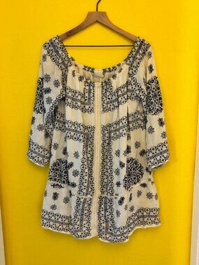 Zara Trafaluc Boho Off-Shoulder Blouse White Blue Print Small